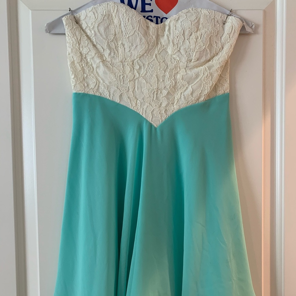 White and mint/teal dress